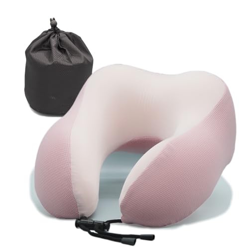 U-Shaped Memory Foam Pillow for Neck Support-0.66lb High-Density Support with Cooling Ice Silk Cover, Machine Washable and Travel-Friendly Pillow for Office, Airplane, Car (Pink)