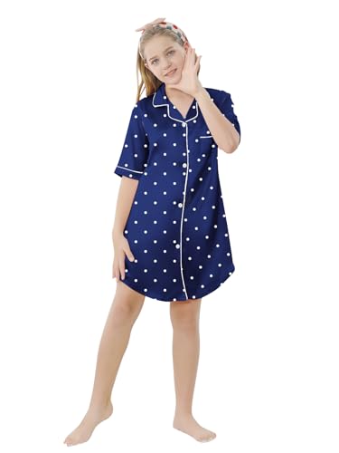 Image of Schbbbta Girls & Women Silk Nightgown, Short Sleeve Button Down Satin Nightshirt Pajama House Dress, 3 Years- Women 2XL