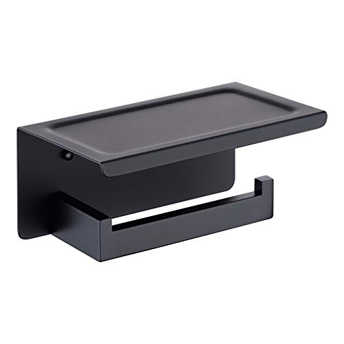 TASTOS Toilet Paper Holder with Shelf Matte Black, Toilet Tissue Holders with Phone Shelf Wall Mounted, Toilet Roll Holder with Cover for Bathroom & Kitchen, Stainless Steel Modern Square Style