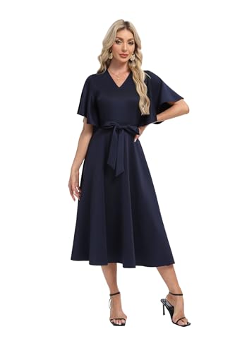 Image of DNFUN Women's Cocktail Dresses 2025 Formal Wedding Guest Church Modest Christmas Party Prom Dress Navy
