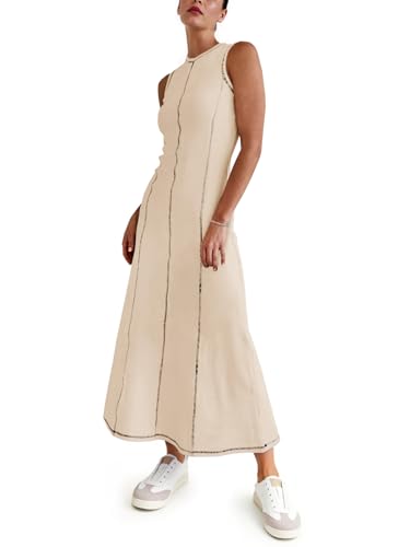 Wenrine Womens Tank Maxi Dress Sleeveless Crew Neck Knit Ribbed Summer Contrast Stitch Dresses3