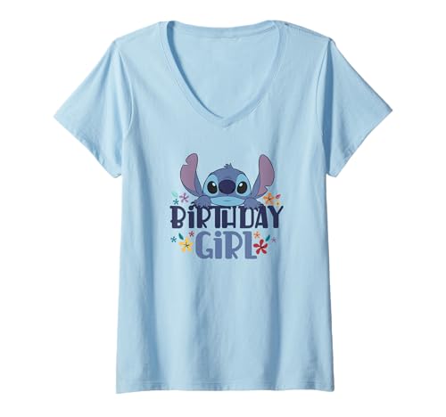 T-shirt Stitch Disney Birthday Girl Col V Idéal pour Cadeau d'Anniversaire