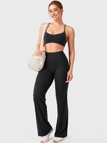 Image of YEOREO Ease Workout Leggings with Pockets for Women No Front Seam Straight Leggings High Waist Wide Leg Yoga Pants 29 inch / 31.5 inch