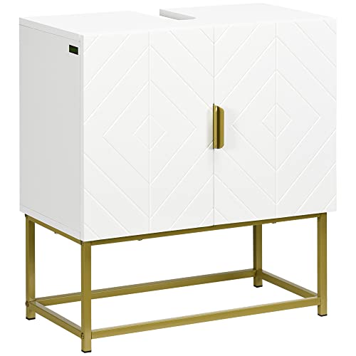 kleankin Meuble sous lavabo Meuble de Salle de Bain Armoire de Rangement pour Vasque en Bois Moderne Placard Double Porte Pieds en Acier doré dim. 60L x 30l x 65H cm Blanc