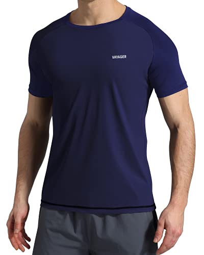 VAYAGER Men s Swim Shirts UPF 50+ Short Sleeve Quick Drying Rashguard Crew Shirt(Navy XXXL)