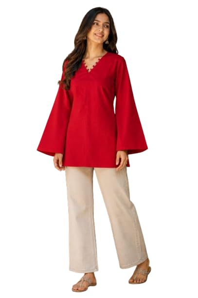 Women's Solid Cotton Blend Tunic Top with Bell Sleeves Casual V Neck Long Kurti for Women Stylish Regular Fit Western Top Office Wear Tunic Top Red-picture-10