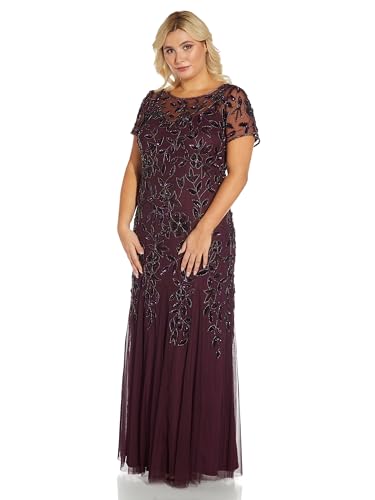 Image of Adrianna Papell Women's Beaded Gown with Godets - Floor Length Gown with Floral Embellishments & Cap Sleeves