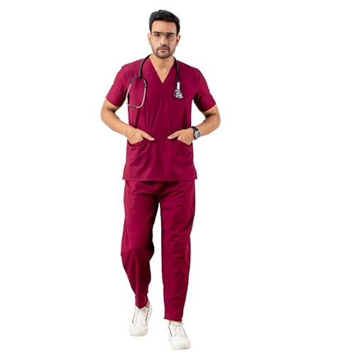 DRx5 Scrubs Suit for Men - Classic V-Neck Healthcare Uniform Set | Premium Blend for Comfort and Durability | Ideal for Doctors, Nurses, and Hospital Staff (Maroon, Small)
