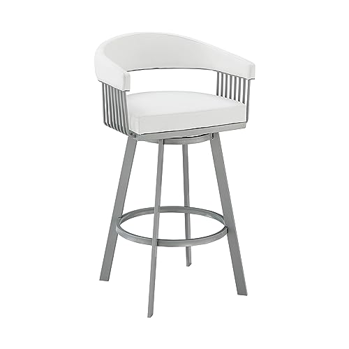 Butaco giratorio de altura para barra de 25 pulgadas Armen Living Chelsea en acabado plateado y tapizado en cuero sintético blanco
