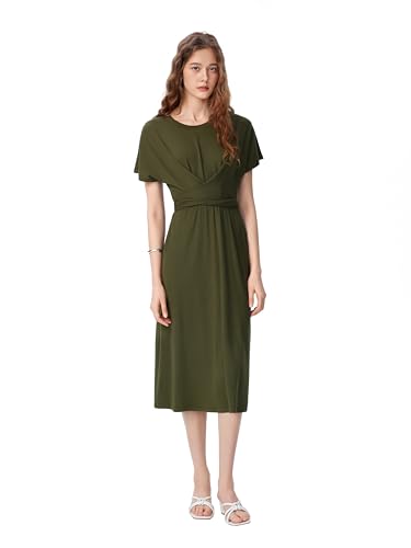 CIDER Ruched Elegant Dresses Wrap Front Midi Casual Short Sleeve Dress4