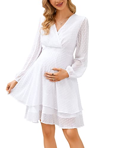 Clearlove Kleid Damen V-Ausschnitt Langarm Umstandskleid Frauen Swiss Dot...