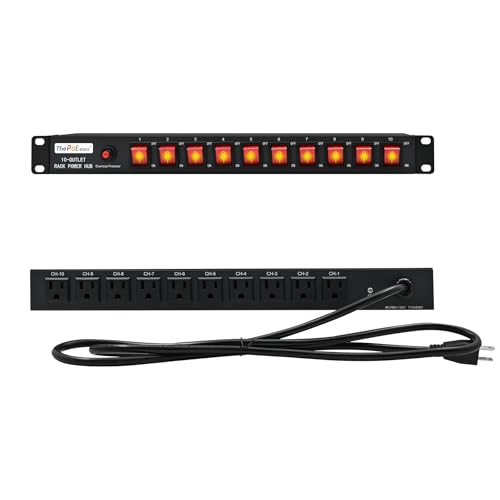 ThePoEstore 1U Horizontal PDU 19″ Rack Mount Power Strip - Surge Protector, for Network Servers. 10 NEMA 5-15R Outlet, 120V 15A, 1800 Joules, w/overcurrent Protection, Heavy-Duty 16 AWG 6 ft Cord