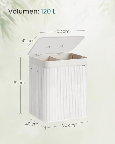 Cesta de lavandería de bambú blanco premium SONGMICS con tapa y compartimentos dobles 7