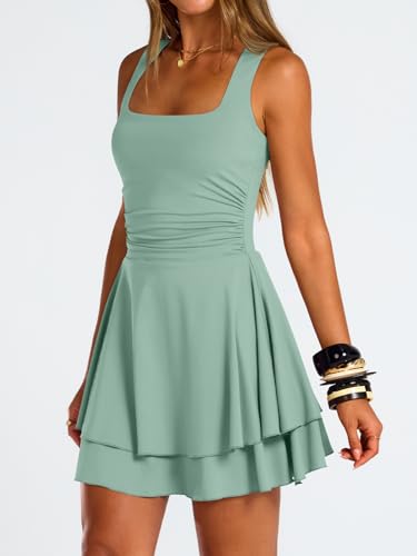 Image of Trendy Queen Women's Square Neck Summer Party Flowy Ruffle Hem Ruched Waist Mini Dress