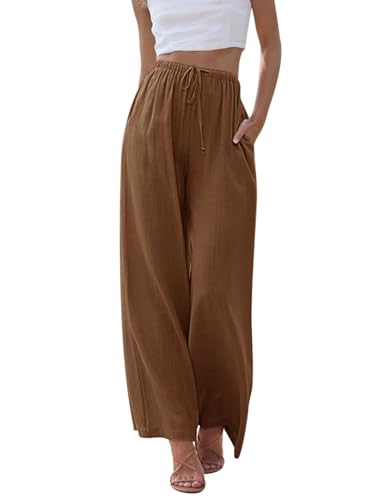 Image of UMIPUBO Womens Linen Pants Flowy Palazzo Wide Leg Pants | Casual Pants,High Waisted Drawstring Trousers,Drawstring Elastic Waist Trousers,Summer Beach Vacation Pants