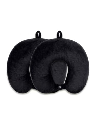Image of Ultra Soft Travel Neck Pillow with Hanging Loop Snap Button Closure for Home Office and Airplane Flight, Bus, Car, Train Travelling Use [Black] (Pack of 2)