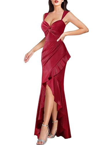 Image of VFSHOW Womens Glitter Sweetheart V Neck Twist Front Backless Ruched Ruffle Slit Formal Evening Gown Maxi Dress