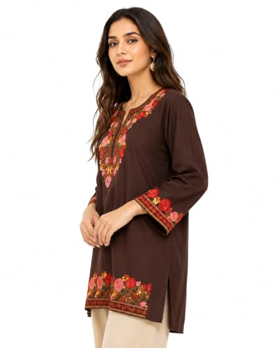 Image of HAUTEMODA Women Cotton Floral Embroidered Short Kurti, Tunic, Three-Fourth Sleeves, White