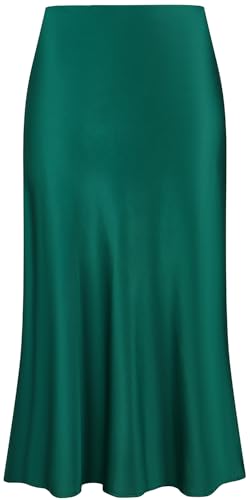 Keasmto Dark Green Skirts for Women Midi Length High Waist Silk Satin Elasticized A Line Summer...