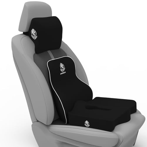 Image of MRRON Memory Foam Posture Corrector Car Seat Cushions Combo | Orthopedic Backrest, Coccyx Cushion & Neckrest | Ergonomic Lumbar Comfort Seat Cushion | Reduces Sciatica, (Black, Long Back)