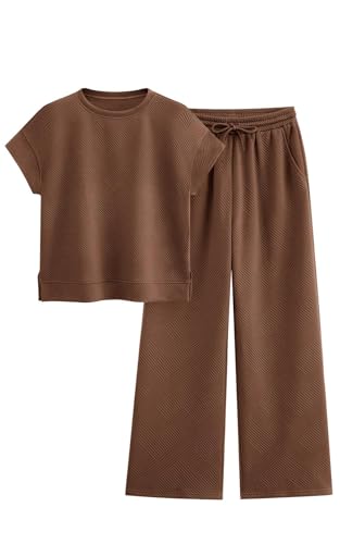 Image of PRETTYGARDEN 2 Piece Outfits For Women Casual Tracksuit Short Sleeve Tops And Wide Leg Long Pants Matching Lounge Sets