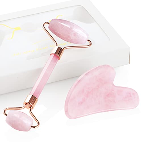 GeeRic Masajeador Facial, Masajeador Gua Sha Mujer Rodillo Masaje Guasha Facial Piedra Masajeador de Ojos Bolsas y Ojeras, Belleza Jade Natural Roller Facial Cuarzo Antienvejecimiento,Cuarzo Rosa