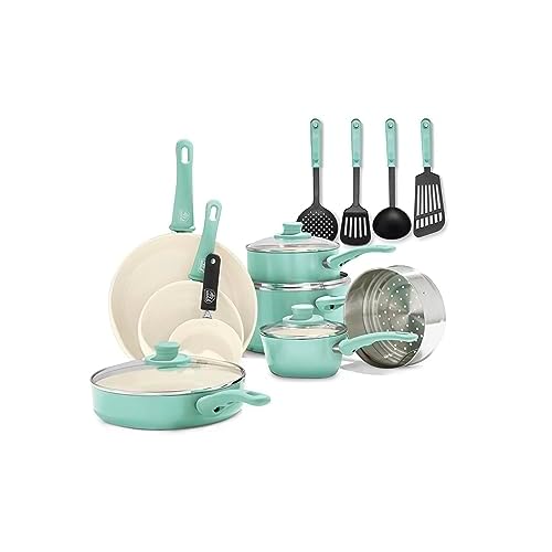 GreenLife Soft Grip Healthy Ceramic Nonstick 16 Piece Kitchen Cookware Pots and Frying Sauce Pans Set, PFAS-Free, Dishwasher Safe, Turquoise