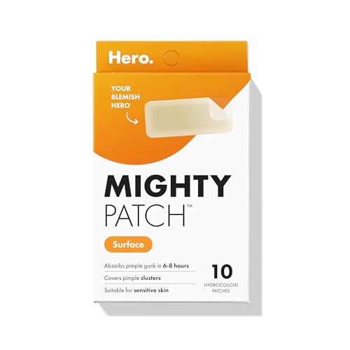 Mighty Patch Surface Large Pimple Patches for Face, Acne Spot Patch for Cheek, Forehead, and Chin, Pimple Stickers, Hydrocolloid Covers, Vegan-friendly, from Hero Cosmetics, 10 Count