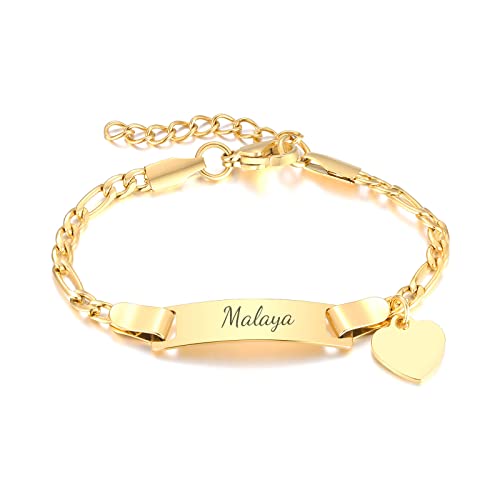 MEALGUET Personalized Child ID Bracelet : 18K Gold Plated Stainless Steel Custom Name ID Plate Bar Bracelet for Children Toddler from Mom, Engraved Kid Name for Daughter Son,Customized Birthday Gift