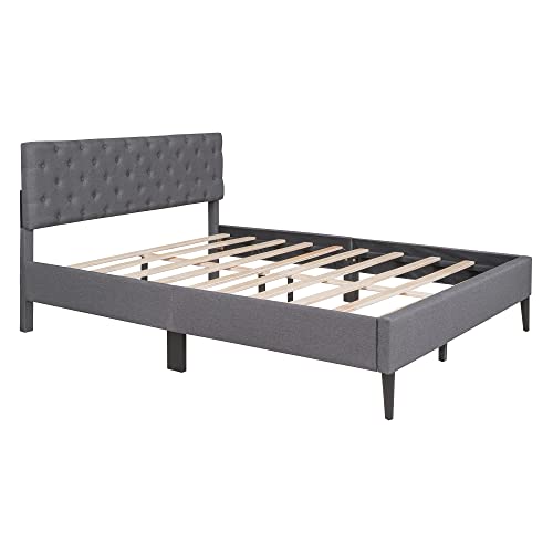 Anwick Queen Size Wood Bed Frame With Fabric Upholstered Headboard And Metal Frame,Wood Platform Bed With Solid Wood Slats,No Box Spring Needed/Easy Assembly #TOP3