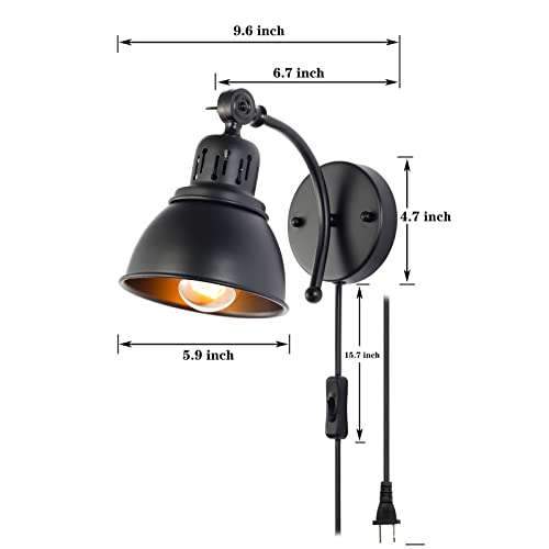 BANGANMA Plug in Wall Sconces Set of 2,Vintage Industrial Black Wall Sconce with Plug in Cord and On Off Switch,Metal Wall Mount Light Fixture for Bedside Bedroom Living Room - Image 3