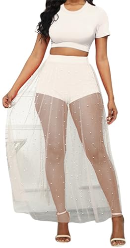 Women's Sexy 3 PCS T-shirts Tops Bodycon Shorts Mesh Pearls Skirts Cocktail Party Beach Outfits Set3