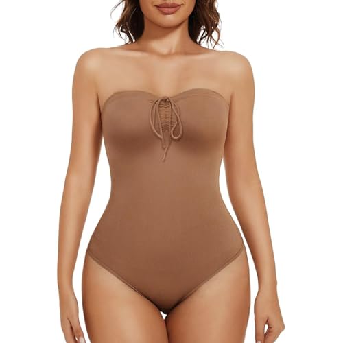 Ellareese Strapless Shapewear Bodysuit for Women Thong Halter Bodycon Drawstring Party Club Dress Seamless Body Shaper Tummy Control Top Leotard