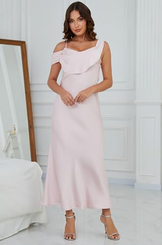 Satin Off The Shoulder Backless Maxi Dresses for Women Elegant Silk Spaghetti Strap Cowl Neck Formal Wedding Guest Dress3