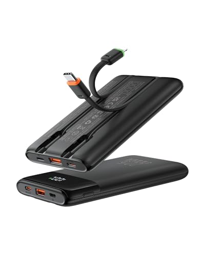 VEGER Power Bank 10000mAh Klein, 22.5W Schnellladung PowerBank mit Integriertem USB-C Kabel, Externe Handyakkus 4 Ausgän...