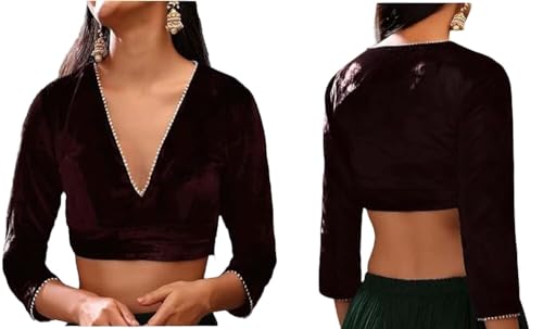 The India's Store Indian Women's Stylist Velvet Saree Blouse Stitched, Sari Choli/Top V-Neck, 3/4 Sleeve with Gotta Patti