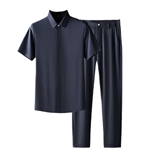 Business Ultra-Thin Ice Silk Shirt Two-Piece Set for Clothes Men Breathable Summer Casual Short-Sleeved Sport Suit