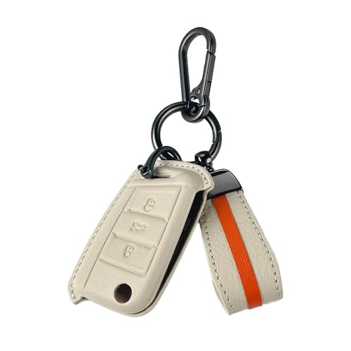 Image of keyzone Royal Leather Car Key Cover For Virtus, Kylaq, Slavia, Kodiaq, Kushaq, Taigun, Tiguan, Octavia, Jetta, Superb, Karoq, T-ROC Flip Key (Vanilla Satin), Beige
