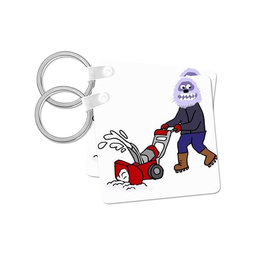 3dRose, Cute Funny Abominable Snowman using Snow Blower Cartoon, set of 2 Key Chains