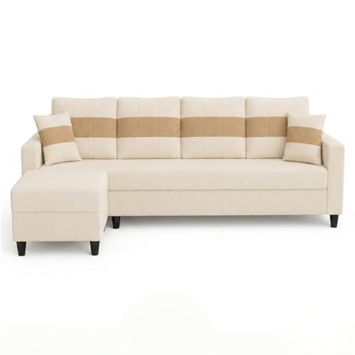 Image of Cavona 5 Seater L Shape Sofa Set with Movable Ottoman | Flexible Layout | Luxury Velvet Suede Fabric | Modern Living Room Sofa | Cream