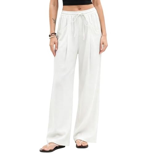 LOMON Linen Pants Women Wide Leg High Waisted Palazzo Pants with Pockets | Linen Pants Women Wide Leg Palazzo Pants Elastic High Waisted Summer Beach Clothes Casual Lounge Trousers with Pock