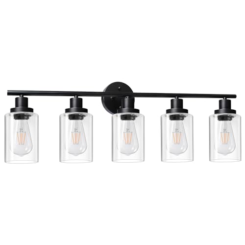 Image of Unicozin Modern Bathroom Light Fixtures, 5 Light Vanity Lights, Black Wall Lamp with Clear Glass for Bathroom, Mirror, Living Room, Bedroom, Hallway, E26 Base