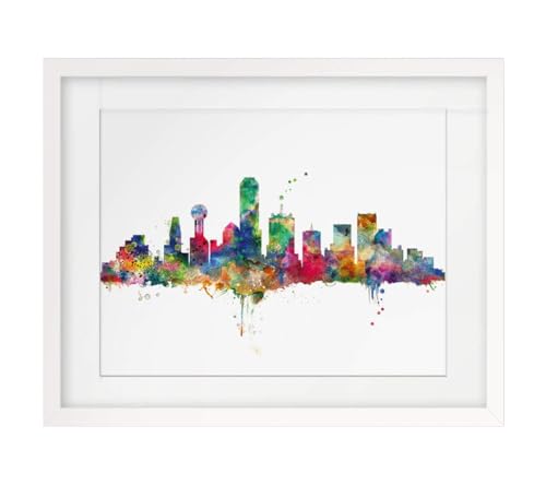 ZEARPT Dallas Skyline City Watercolor Art Print Dallas Cityspace Print Poster Painting Home Decor Texas Wall Hanging Map Skyline Art Print 8x10 inch Unframed