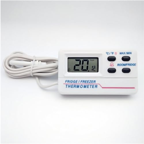 Refrigerator Thermometer with Programmable Alarm. Remote Temperature Sensor on 4 ft Cable. Large LCD. Min-Max Memory. °C/°F. Versatile Mounting Options. AAA Battery Included.