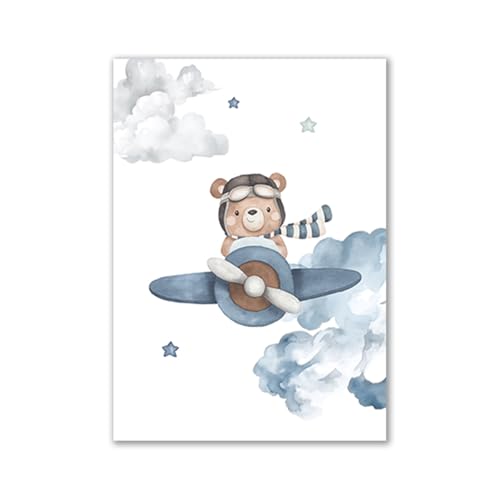 BeiYiHo 3 Bilder für Kinderzimmer Junge Flugzeuge Bär Poster Babyzimmer Blau 30x40cm Leinwand Dekoration Baby Boy Wandbilder Kinder Geschenk ohne Rahmen