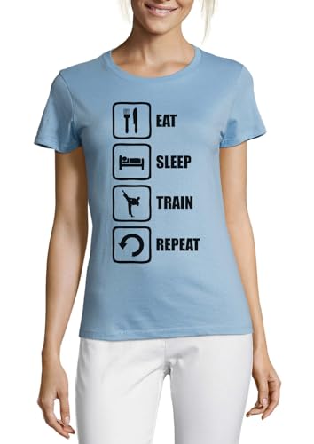 T-shirt sport Eat Sleep Train femme bleu pour fitness et yoga