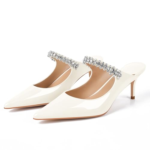 Image of XINIUNIU Heeled Mules for Women Rhinestone Heels Pointed Toe Slip On 2.5 Inch Kitten Stiletto Closed Toe Sandals Dress Wedding Pump Shoes