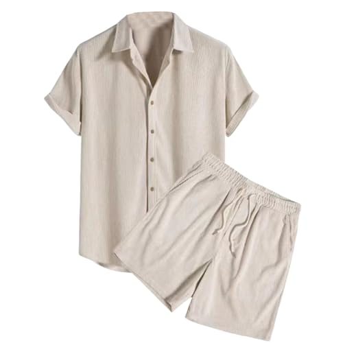 Men's Summer Pajamas Set Corduroy 2 Piece Outfits Casual Button Down Shirt Drawstring Shorts Soft Loungewear Sets