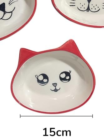 3 lü Seramik Mama Tabak, Çocuk Tabağı Kedili Kırmızı - Görsel 3