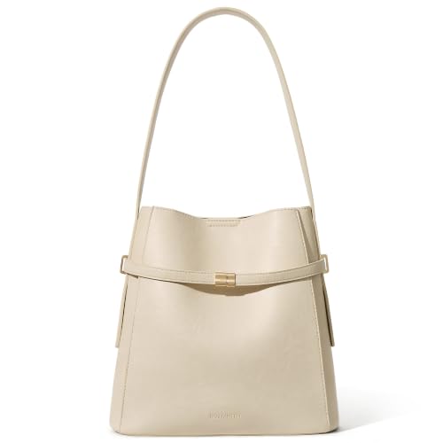 Image of BOSTANTEN Vegan Leather Purses for Women Quiet Luxury Shoulder Bucket Bag | Soft Luxury Tanned Leather, Include Drawstring Pouch, Front Belted Design, Fixed Wide Strap, for Everyday Office Weekend